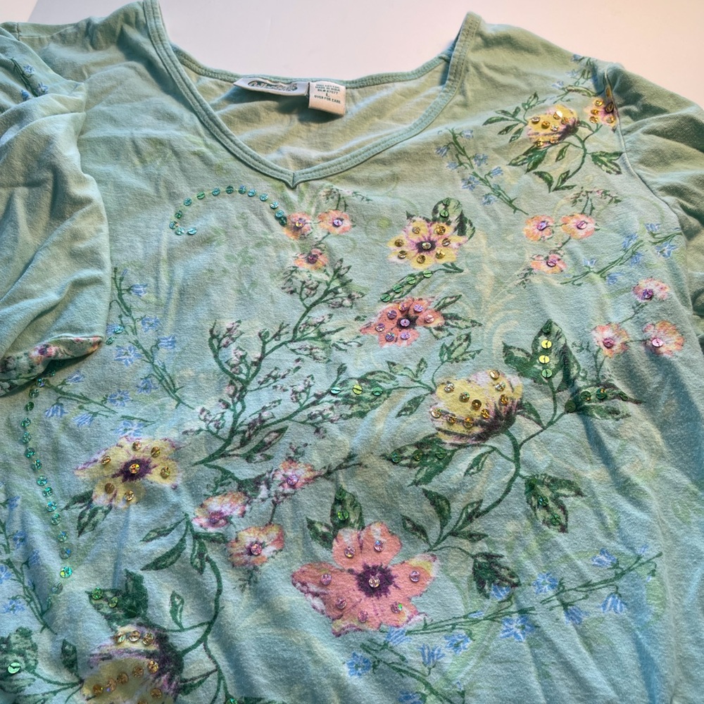 Collection BTC women’s top. Green, flowers, sequin